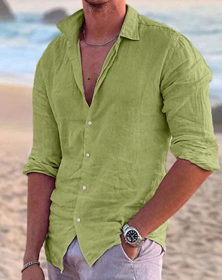 Full-length view of men's linen shirt showing relaxed fit and versatile styling