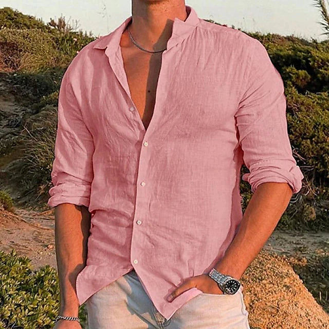 Front view of men's button-up linen shirt showing full button closure and relaxed fit