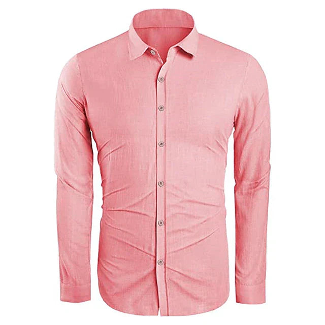 Close-up of men's linen shirt spread collar and button-front detail