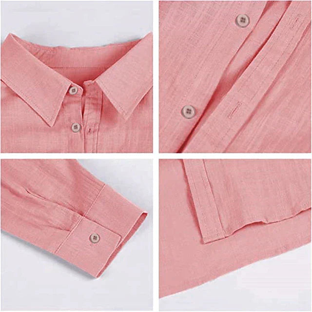 Side view of men's button-up linen shirt showing relaxed fit and sleeve length