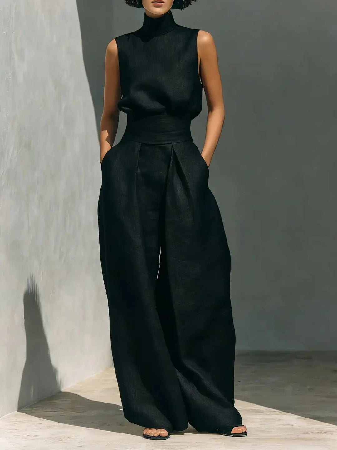Model wearing high waist jumpsuit showing elongated silhouette and natural drape