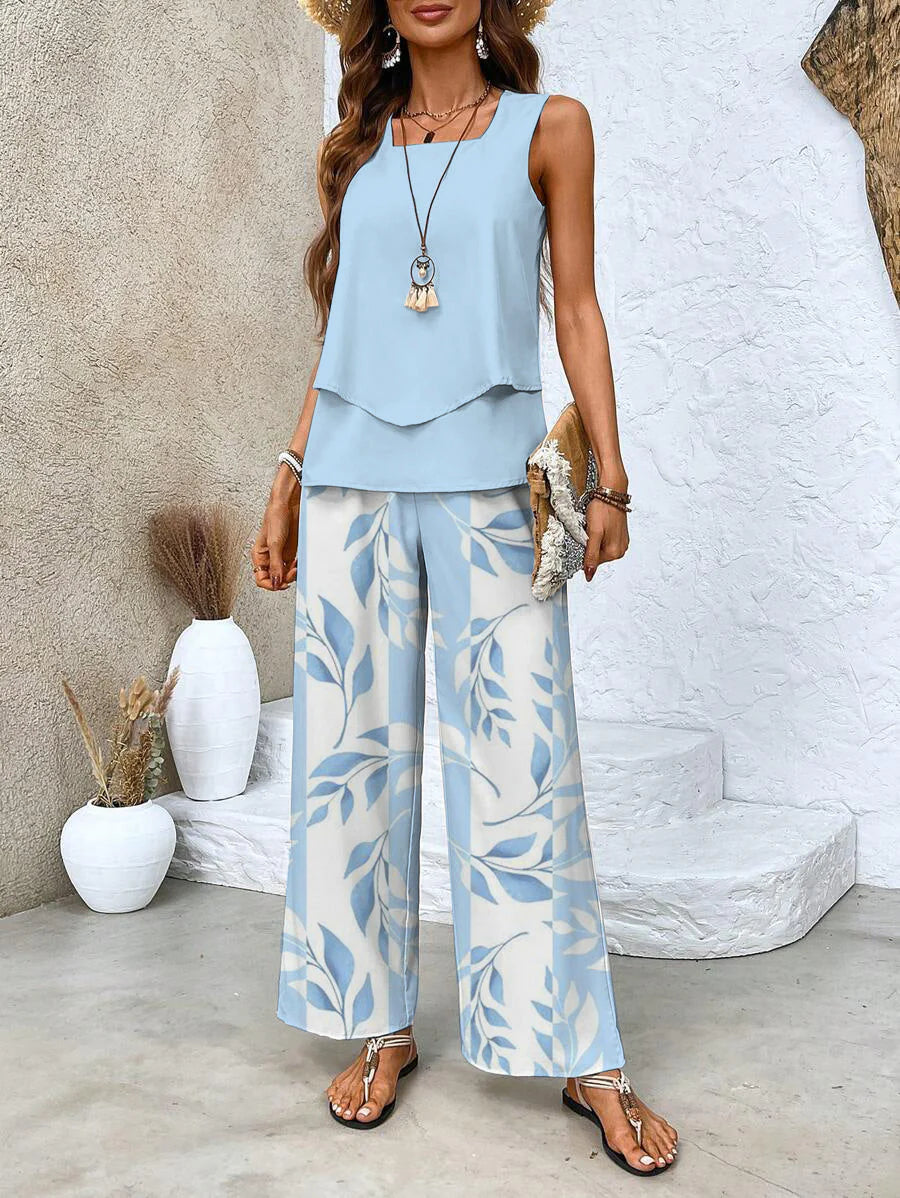 Women's wide-leg pants two piece set with sleeveless layered top and leaf print pants in light blue