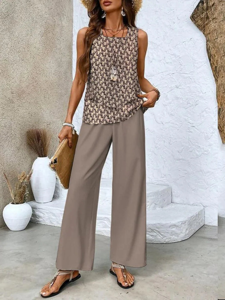 Side view of women's wide-leg pants two piece set displaying flowing silhouette and botanical print