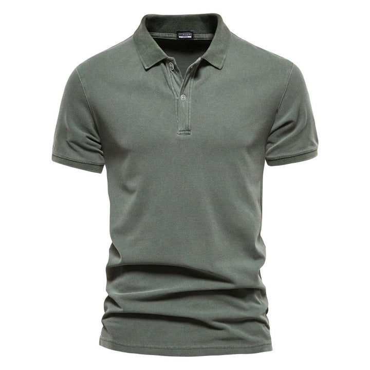 Men's Slim Fit Polo Shirt Cotton Short Sleeve in sage green with classic pointed collar and two-button placket