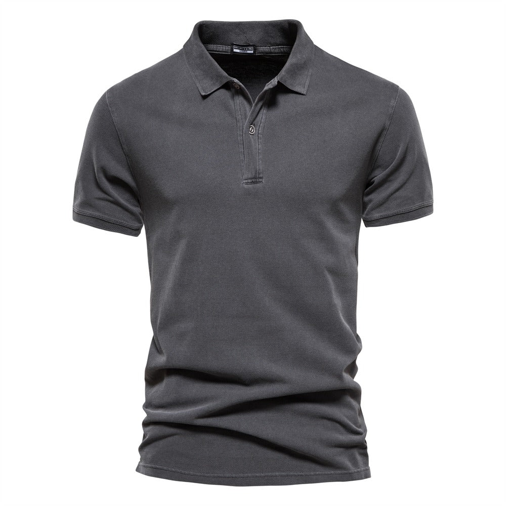 Close-up of Men's Slim Fit Polo Shirt Cotton Short Sleeve showing smooth fabric texture and tailored fit through the torso