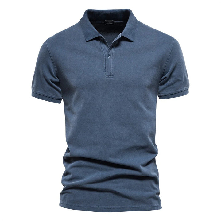 Side view of Men's Slim Fit Polo Shirt Cotton Short Sleeve with short sleeves and straight hem for versatile styling