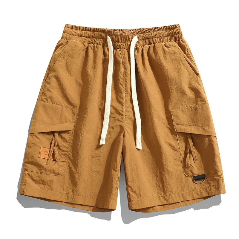 Men's cargo chino shorts in camel with elastic waistband, drawstring closure, and roomy cargo pockets for casual summer wear