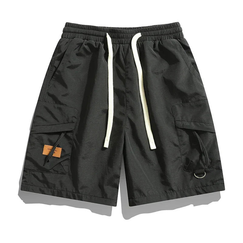 Side detail of men's cargo chino shorts highlighting cargo pocket placement and woven fabric construction
