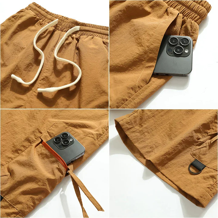 Close-up of men's cargo chino shorts showing drawstring closure, elastic waist detail, and utility pocket design