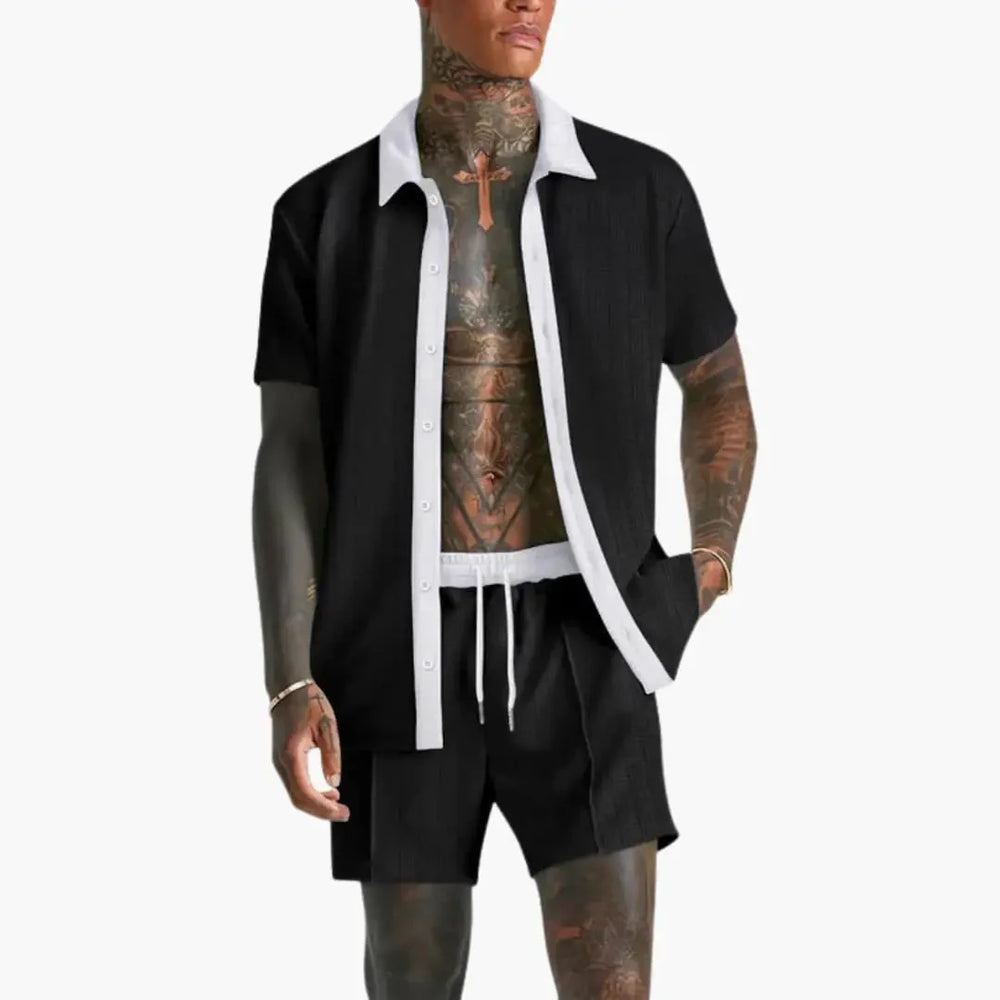 Side view of men's button-up shirt and elastic waist shorts set showing relaxed silhouette