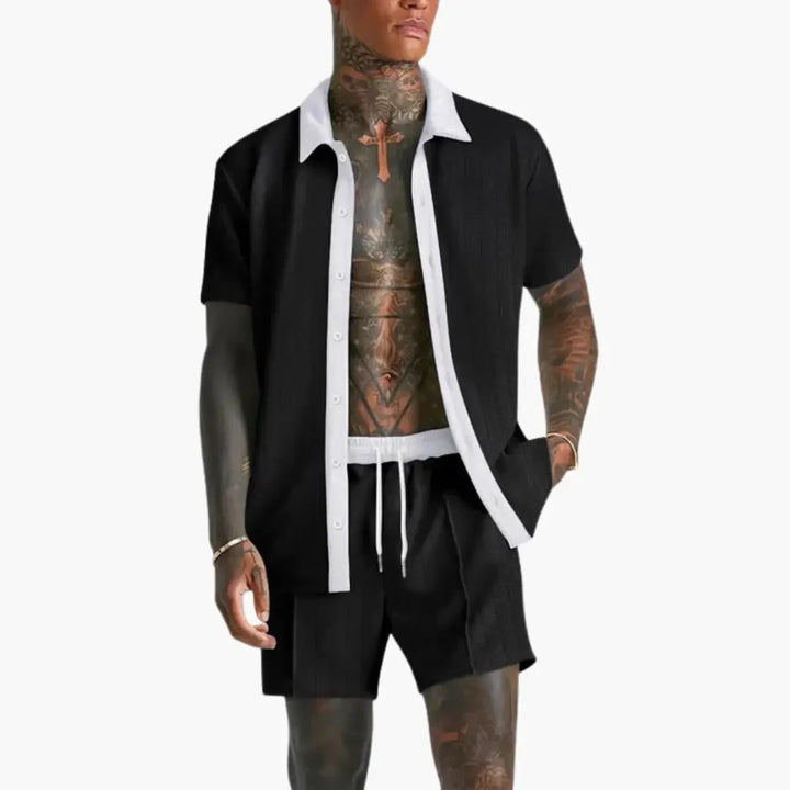 Side view of men's button-up shirt and elastic waist shorts set showing relaxed silhouette