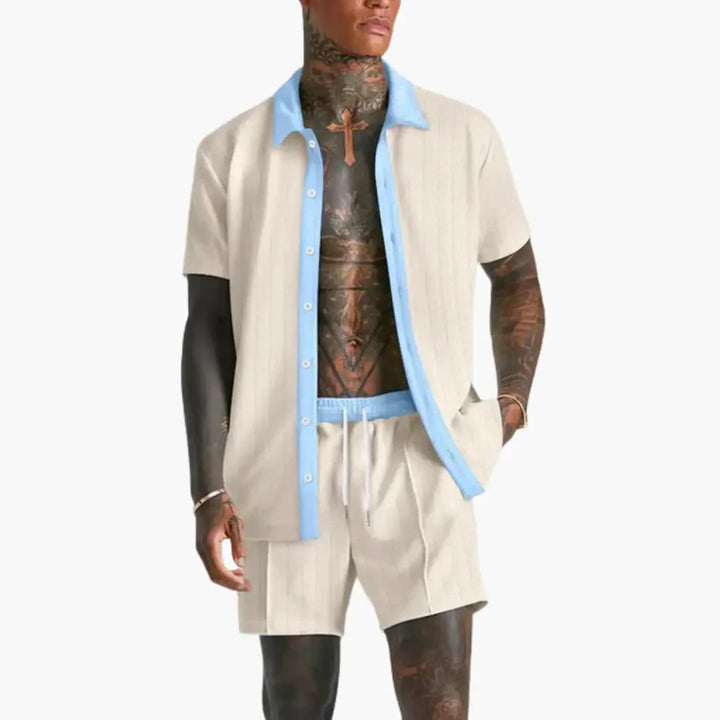Men's matching set with short sleeve shirt and mid-thigh shorts in lightweight fabric