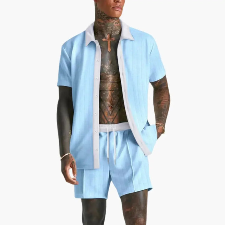 Full view of men's two-piece summer set with boxy shirt and coordinating shorts
