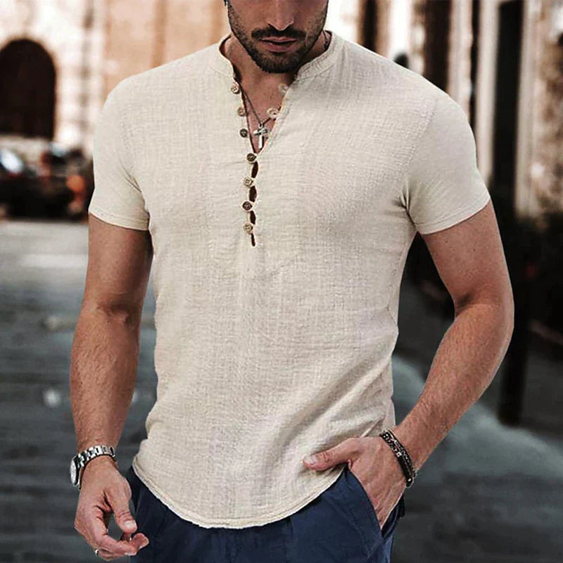 Dean wearing a Breathable Linen Henley Shirt for Men Casual in beige with button placket and short sleeves