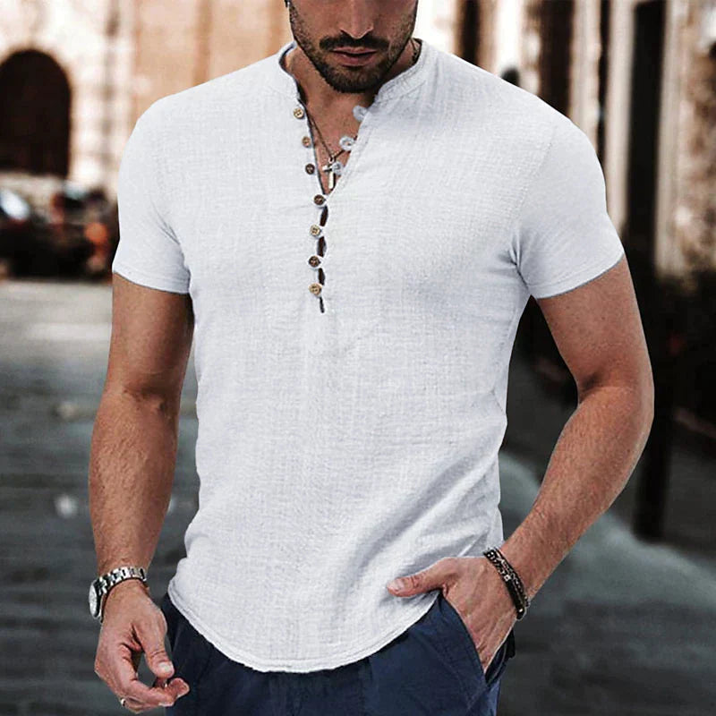 Detail shot of the button placket and natural drape on men's short sleeve henley