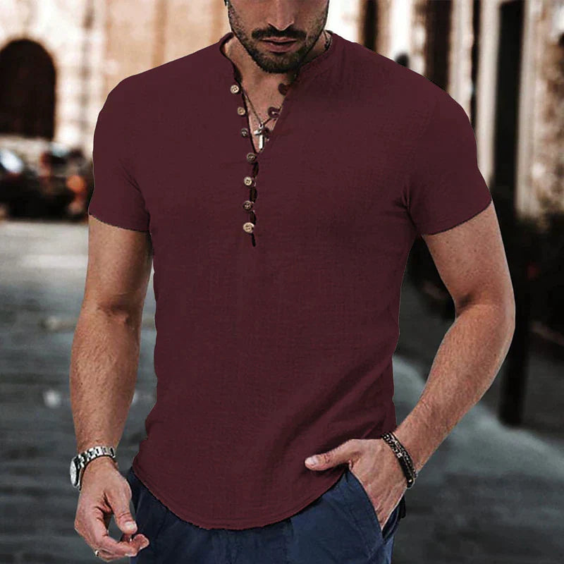 Full-length view of the tailored cut and casual silhouette on breathable linen henley for men