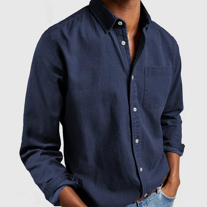 Men's relaxed long sleeve shirt in navy with button front and spread collar