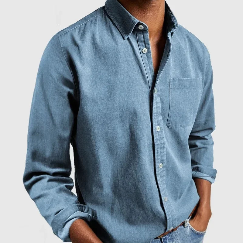 Men's relaxed long sleeve shirt in natural light showing fabric finish
