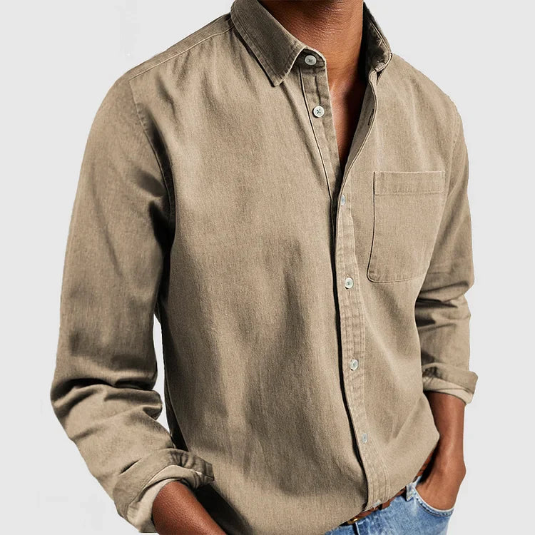 Close-up of men's casual shirt showing button closure and chest pocket detail