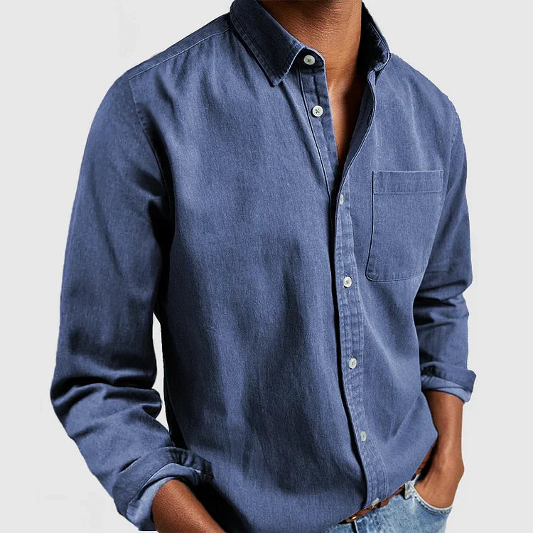 Side view of men's long sleeve shirt highlighting relaxed fit through shoulders