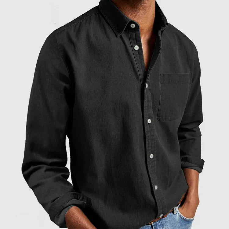 Detail shot of spread collar and top buttons on men's casual shirt