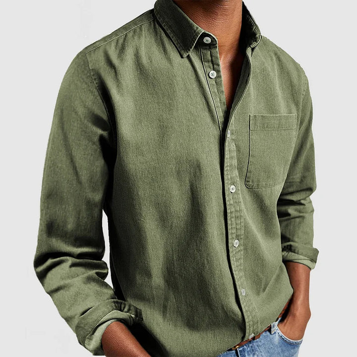 Men's relaxed fit shirt showing sleeve length and woven fabric texture