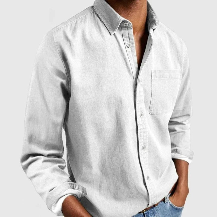 Back view of men's long sleeve shirt displaying structured fit and drape