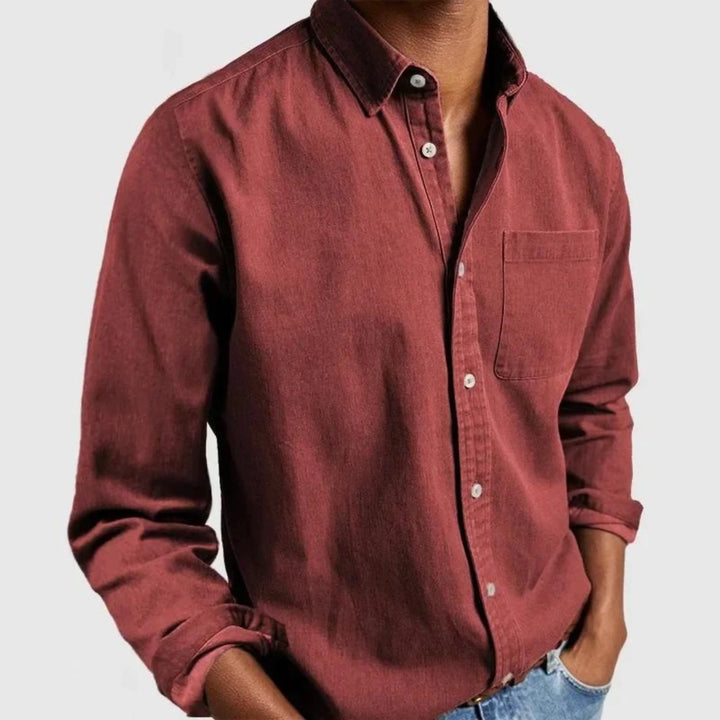Men's casual button shirt styled open over tee for layered weekend look