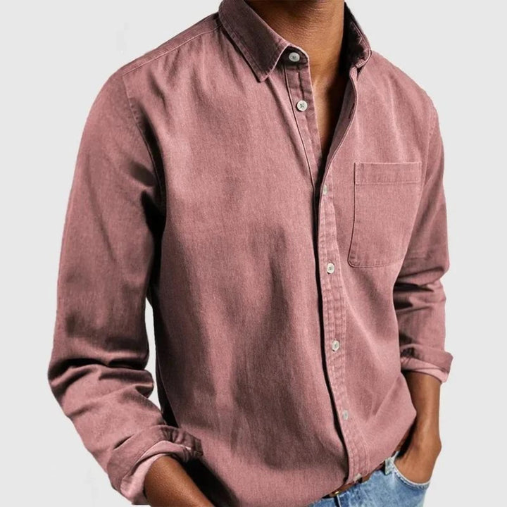 Front view of men's navy shirt showing chest pocket and button placket