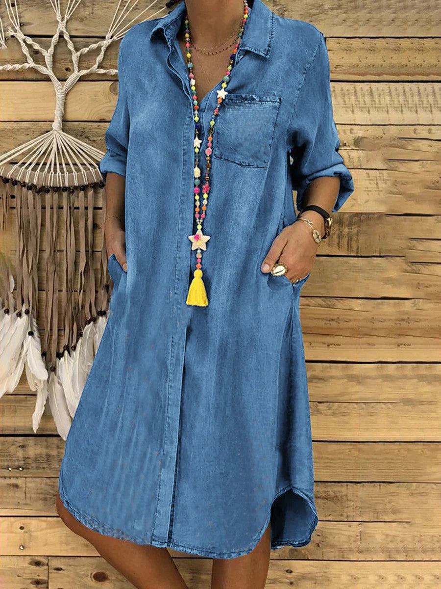 Close-up view of Denim Shirt Dress showing structured collar and chest pocket detail