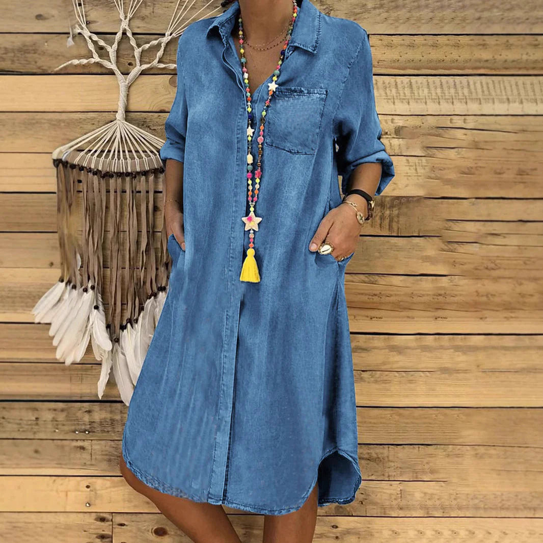 Full-length view of button-down Denim Shirt Dress styled with casual accessories