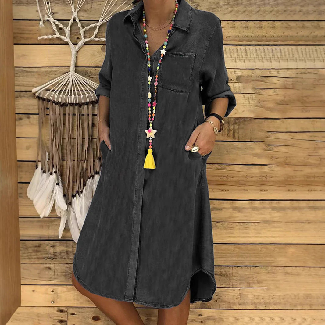 Detail shot of Denim Shirt Dress button placket and woven denim fabric texture