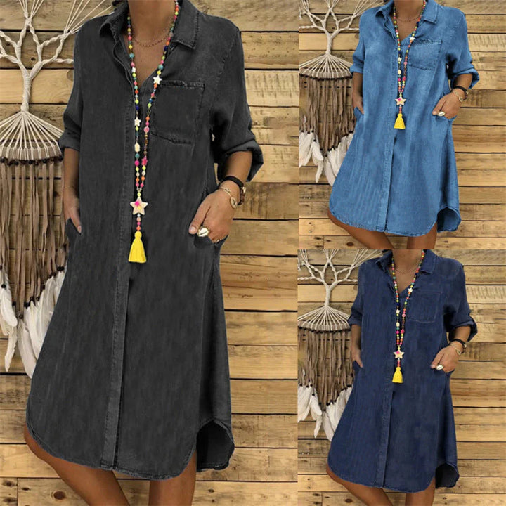 Back view of Denim Shirt Dress showing loose fit and rounded hem design