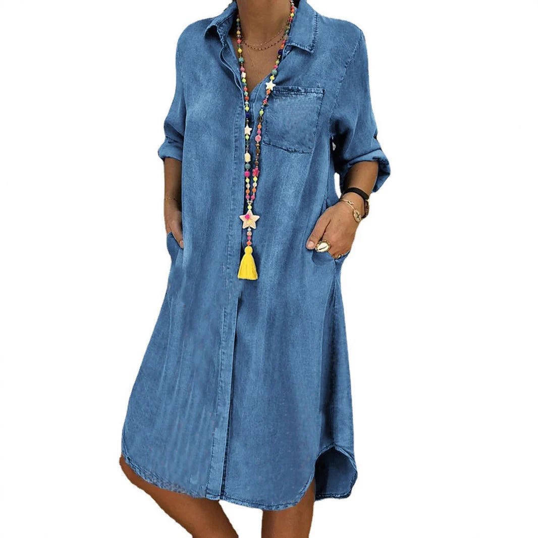 Casual styling of Denim Shirt Dress worn as standalone dress for everyday wear