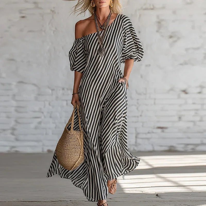 Woman styling one shoulder puff sleeve dress with woven bag for casual summer look
