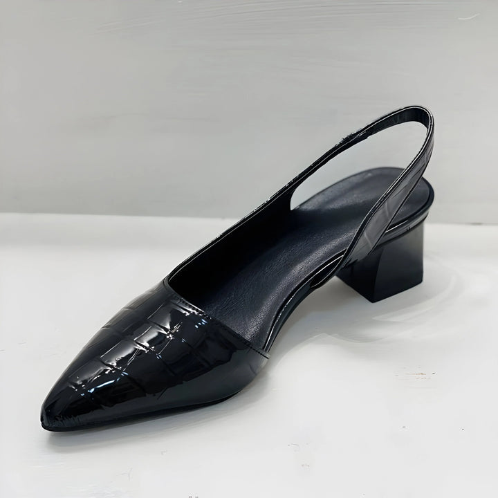 Women's orthopedic comfortable heels in black with pointed toe and adjustable strap detail