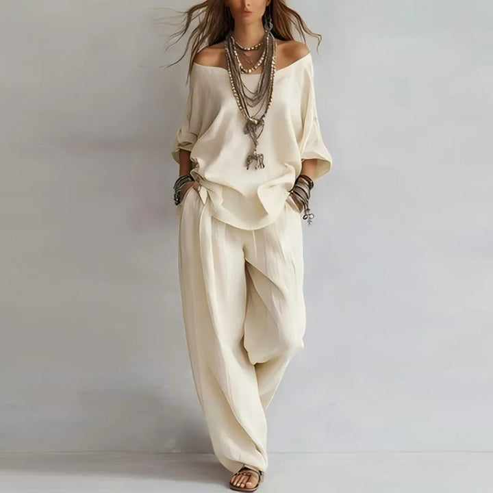 Detail of high-rise waistband and comfortable wide-leg fit on coordinated pants