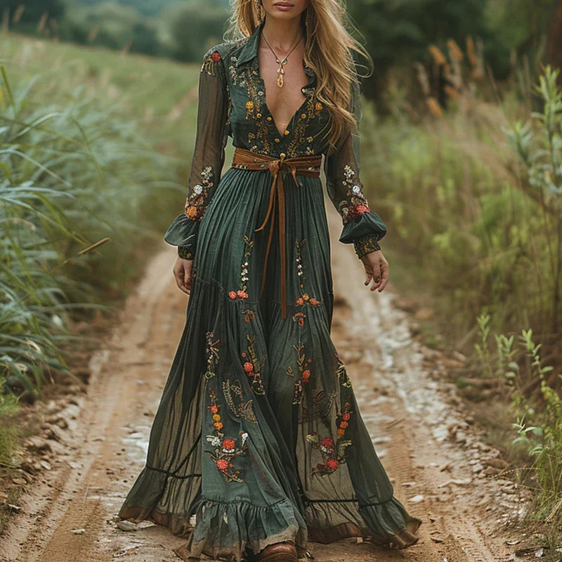 Embroidered maxi dress with V-neckline, sheer balloon sleeves, and floral embroidery in forest green