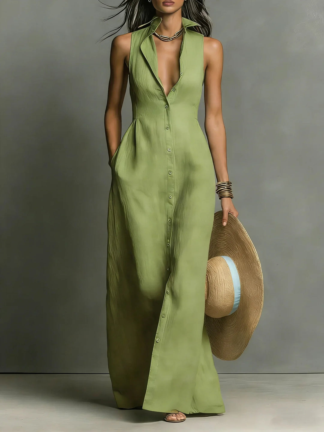 Detail of waist-defining seam and sleeveless armhole construction on maxi shirt dress
