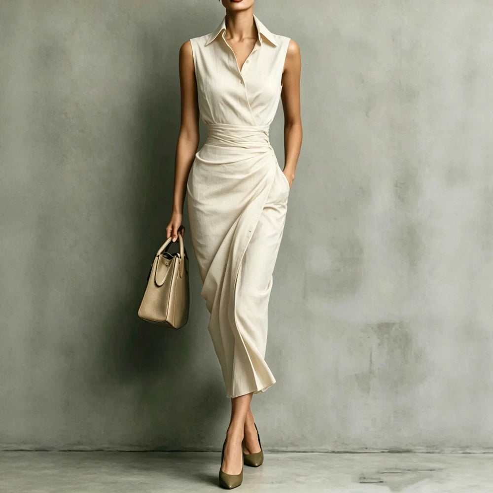 Side view of wrap midi dress showing asymmetrical draping and tailored silhouette with gathered waist detail