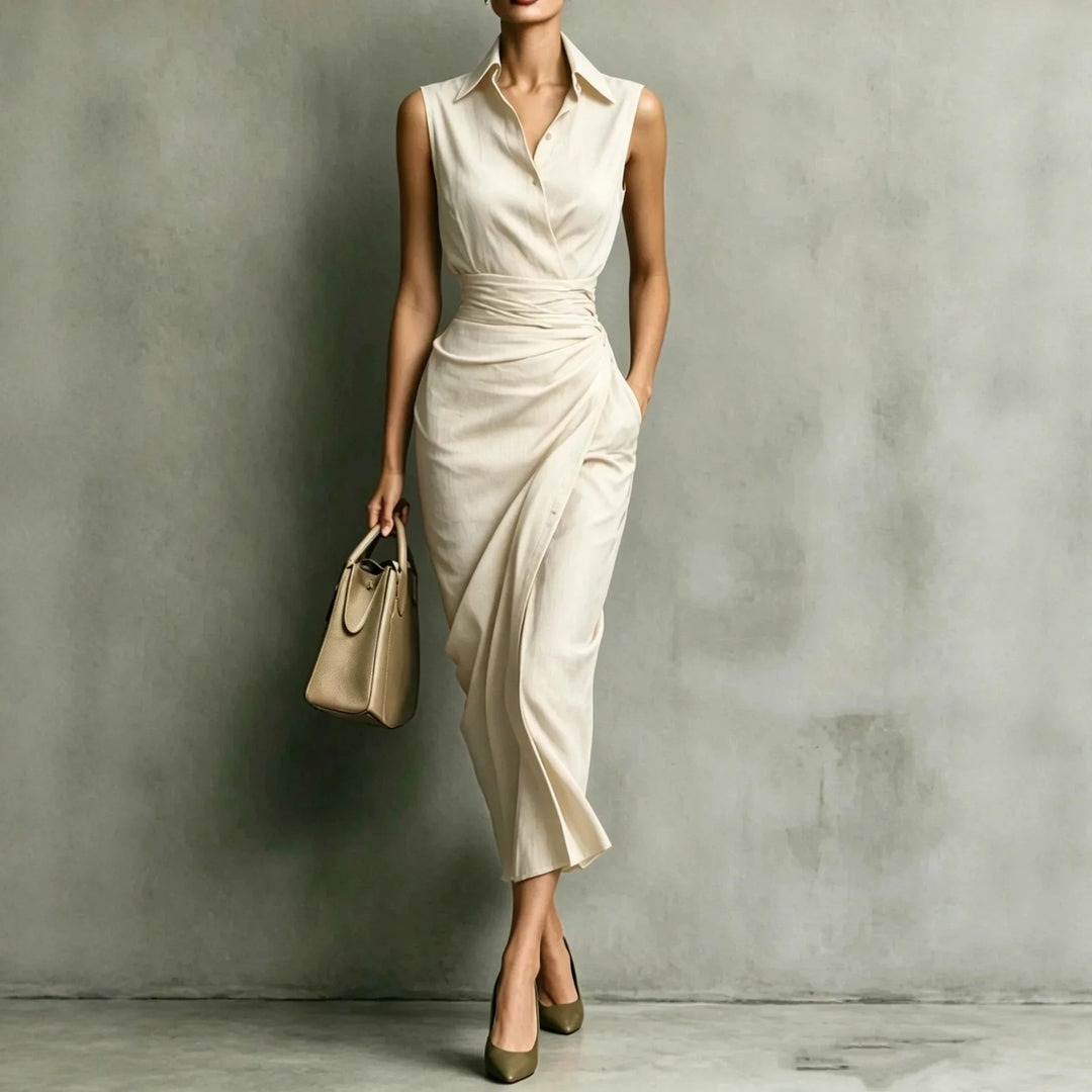 Side view of wrap midi dress showing asymmetrical draping and tailored silhouette with gathered waist detail