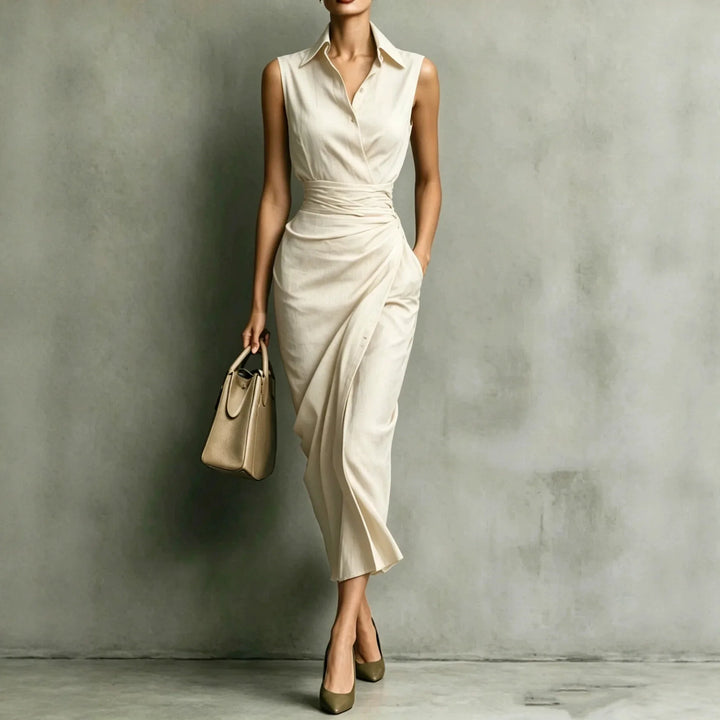 Side view of wrap midi dress showing asymmetrical draping and tailored silhouette with gathered waist detail