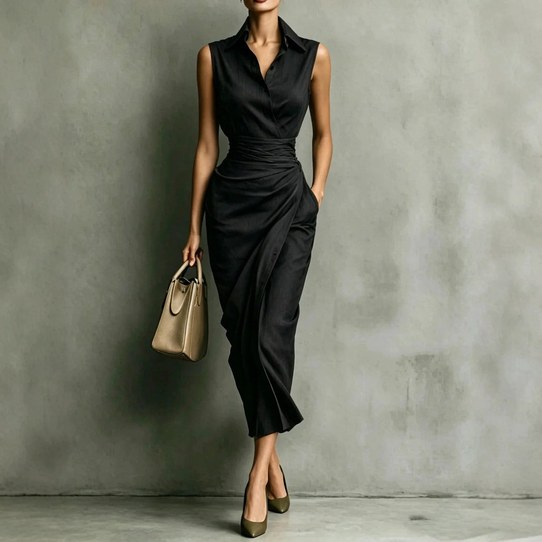 Close-up of structured collar and sleeveless bodice on wrap midi dress with button closure