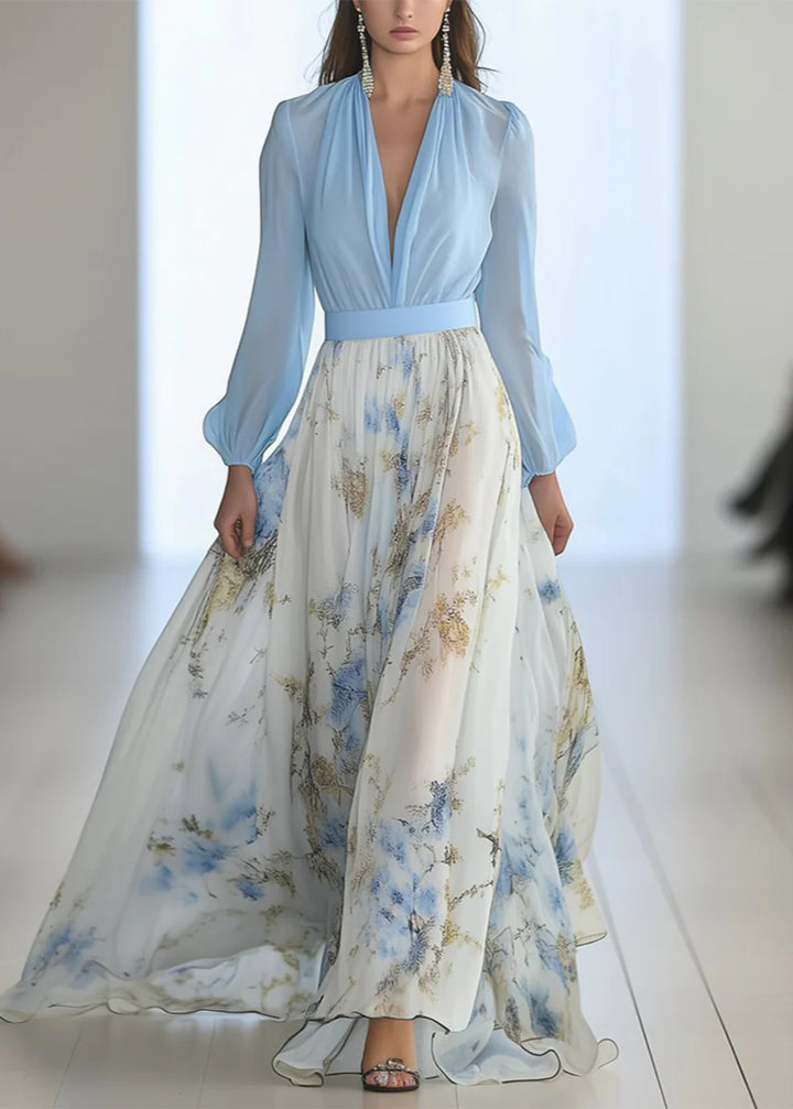 Long-Sleeve Maxi Dress Deep V-Neck Floral with light blue bodice and flowing floral skirt on model