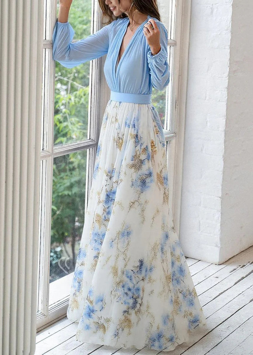 Long-Sleeve Maxi Dress Deep V-Neck Floral showing gathered cuffs and delicate floral print detail