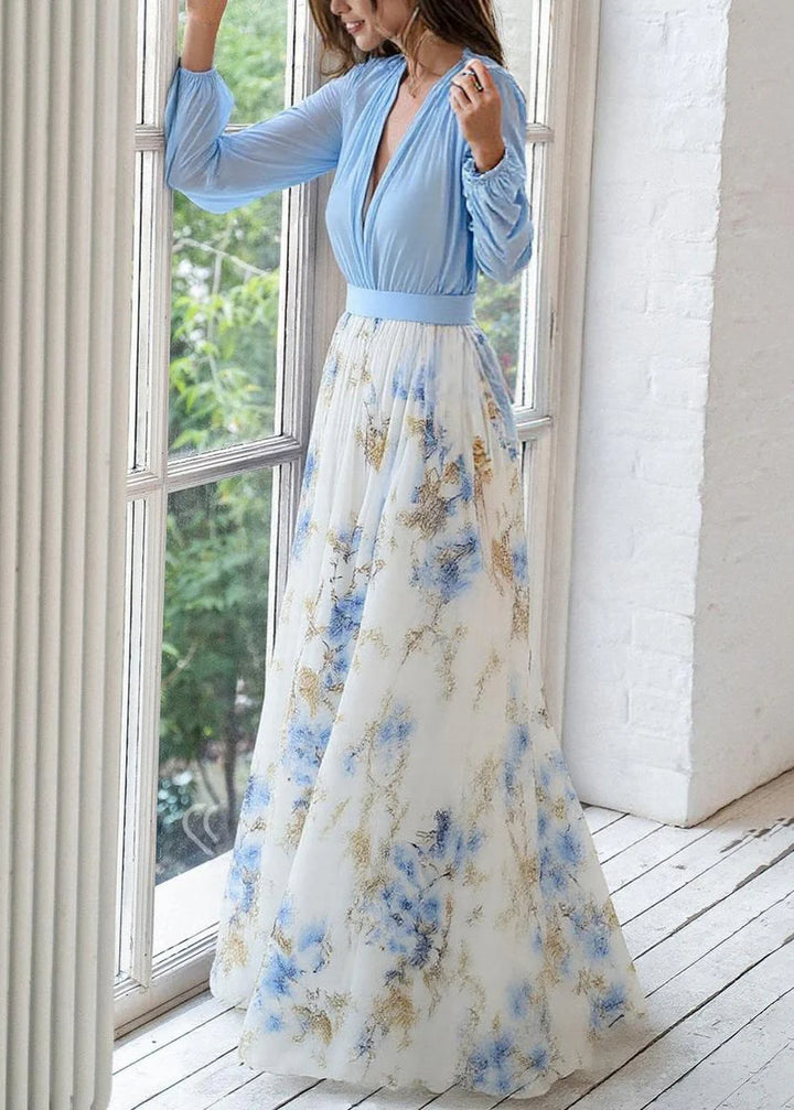 Long-Sleeve Maxi Dress Deep V-Neck Floral showing gathered cuffs and delicate floral print detail