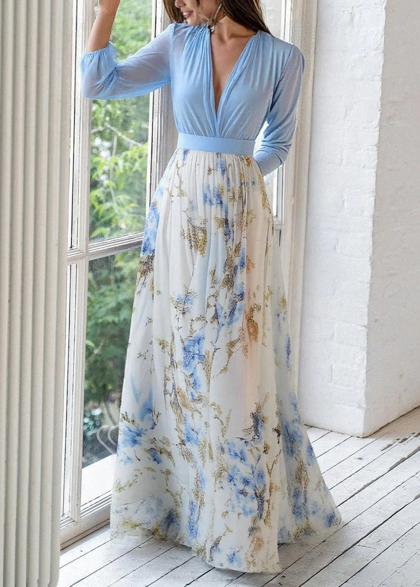 Long-Sleeve Maxi Dress Deep V-Neck Floral full-length view with flowing A-line silhouette