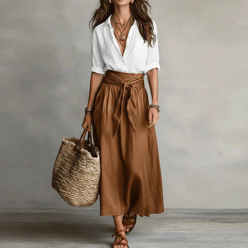 Close-up view of Linen Co-Ord Set showing relaxed button-front shirt and flowing skirt silhouette
