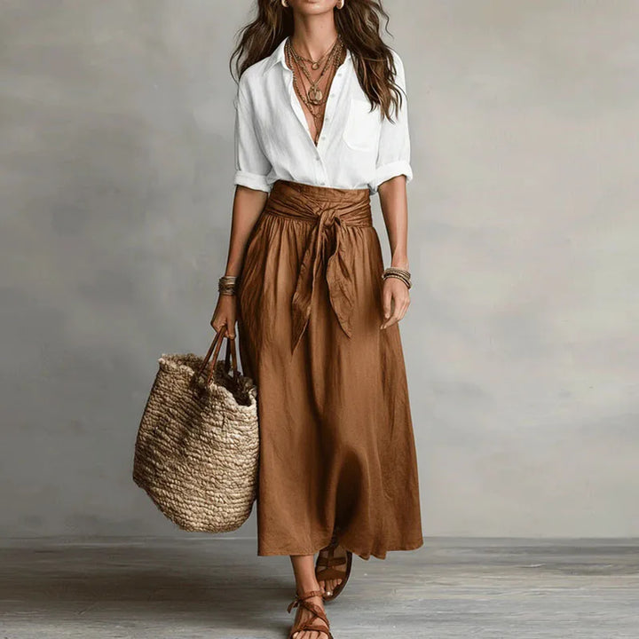 Close-up view of Linen Co-Ord Set showing relaxed button-front shirt and flowing skirt silhouette