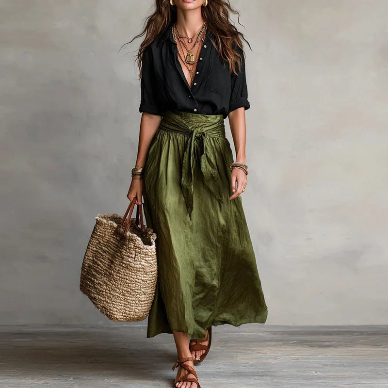 Detail shot of Linen Co-Ord Set tie-waist closure and high-waist skirt construction